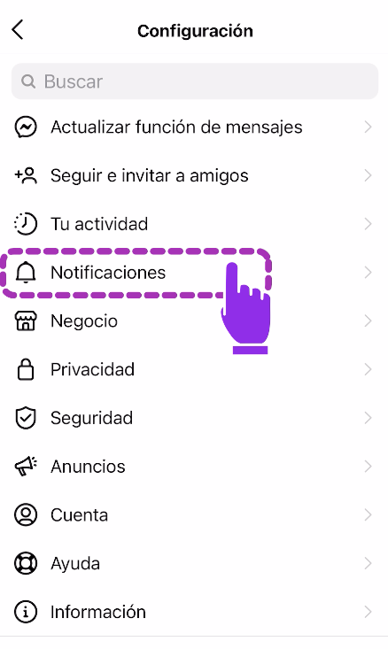 Pulsar opción notificaciones en menú de configuración cuenta instagram
